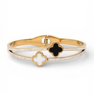 Luxury Clover Crystal Double Row Bangle Bracelet | Gold or Silver | Boutique